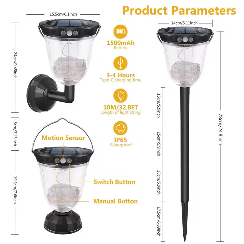 Solar Garden Light 10 Lighting Mode Pathway Lawn Lamp with 10M String Waterproof Camping Lights RGB LED Landscape Lighting Decor