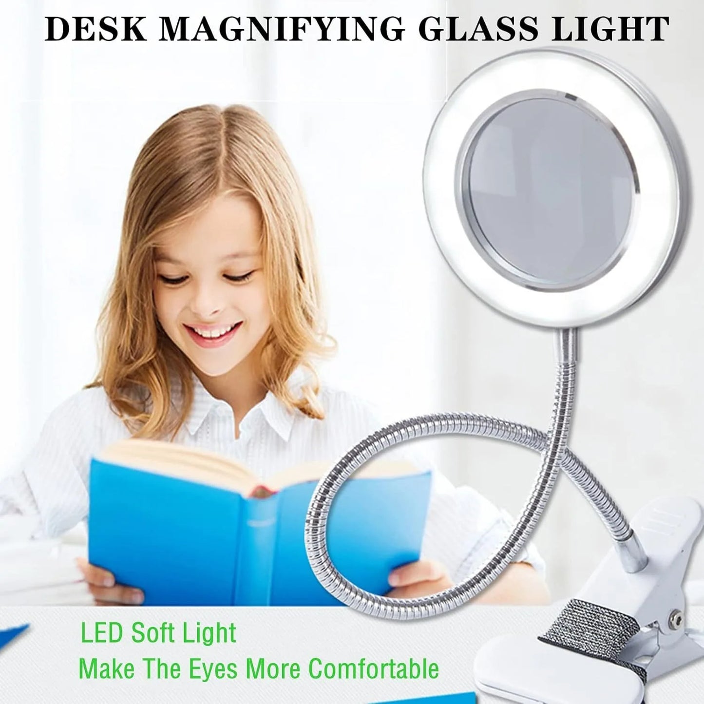 10X Magnifying Glass with 3 Color Modes LED Lighted Desk Lamp with Metal Clamp Flexible Gooseneck Magnifier for Reading Nail Art