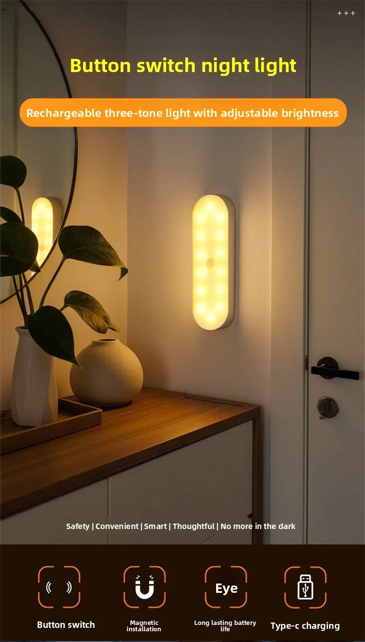 Three-color LED Night Light with Rechargeable Magnetic Design Suitable for Lighting Wardrobes Rooms Closets Kitchens