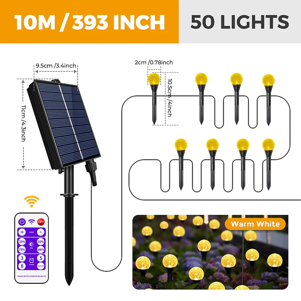 50 Led Solar Outdoor Fairy Lights with 8 Modes, RGB Colorful Globe Waterproof Stake Lights, Mini Crystal Bubble String light