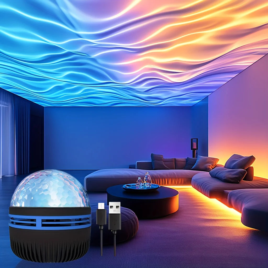 Starry Sky Galaxy Ocean Wave Projector Light USB 7Modes LED Night Lamp Auto Rotate Perfect for Home Room Party Bar Ceiling Decor