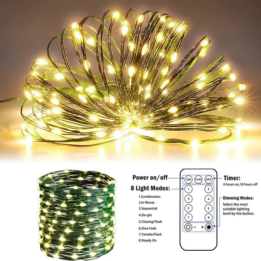 10-100M LED String lights Green Wire Fairy Lights Warm White Garland for Outdoor Home Party Birthday Easter Garden Decoration