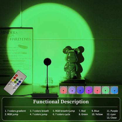 Sunset RGB Led Spotlight USB 5V Projection Lamp for Bedroom Ceiling Wall Party Lighting Holiday Selfie Ambient Light with Remote