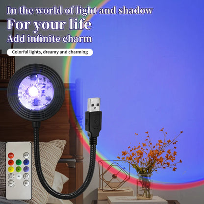 Sunset RGB Led Spotlight USB 5V Projection Lamp for Bedroom Ceiling Wall Party Lighting Holiday Selfie Ambient Light with Remote