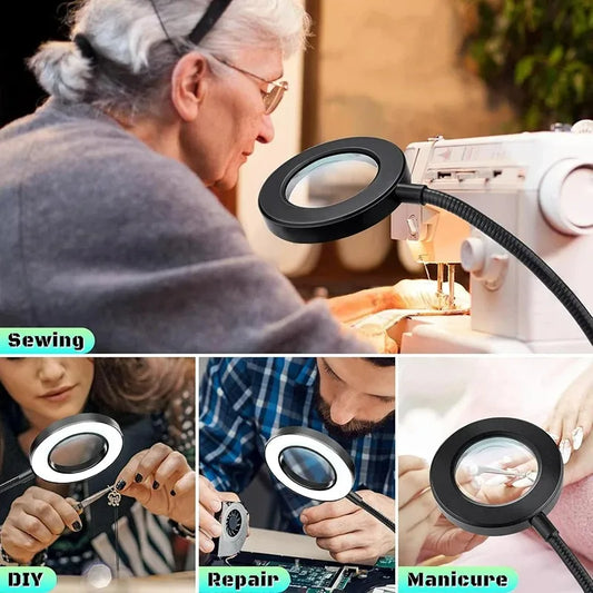 10X Magnifying Glass with 3 Color Modes LED Lighted Desk Lamp with Metal Clamp Flexible Gooseneck Magnifier for Reading Nail Art