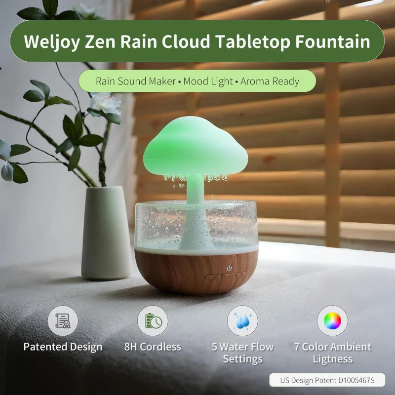 Mushroom Cloud Rain Lamp Changing LED Tabletop Fountain with Water Drip Sounds USB Rechargeable Desk Decor for Home Office