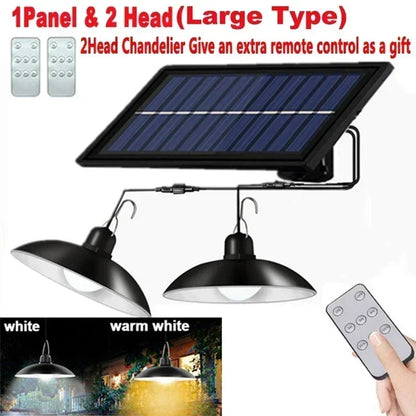 Solar Pendant Light Outdoor Waterproof LED Lamp Double-head Chandelier Decorations with Remote Control for Indoor Shed Barn Room