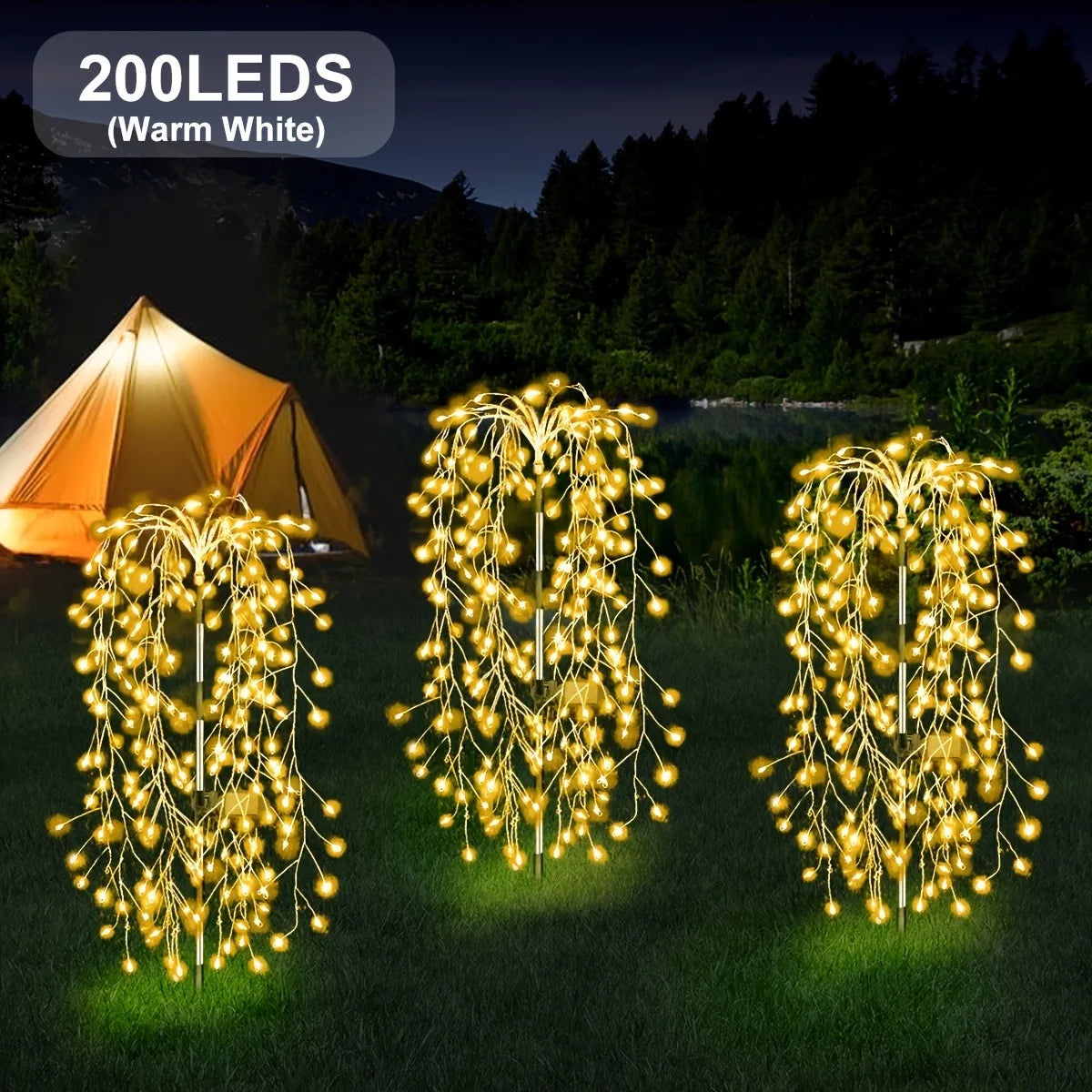 1pc 200LED Solar Firecracker Willow Fireworks Lights Outdoor, IP65, 8 Lighting Modes Smart Light,For Yard,Garden,Path Decoration
