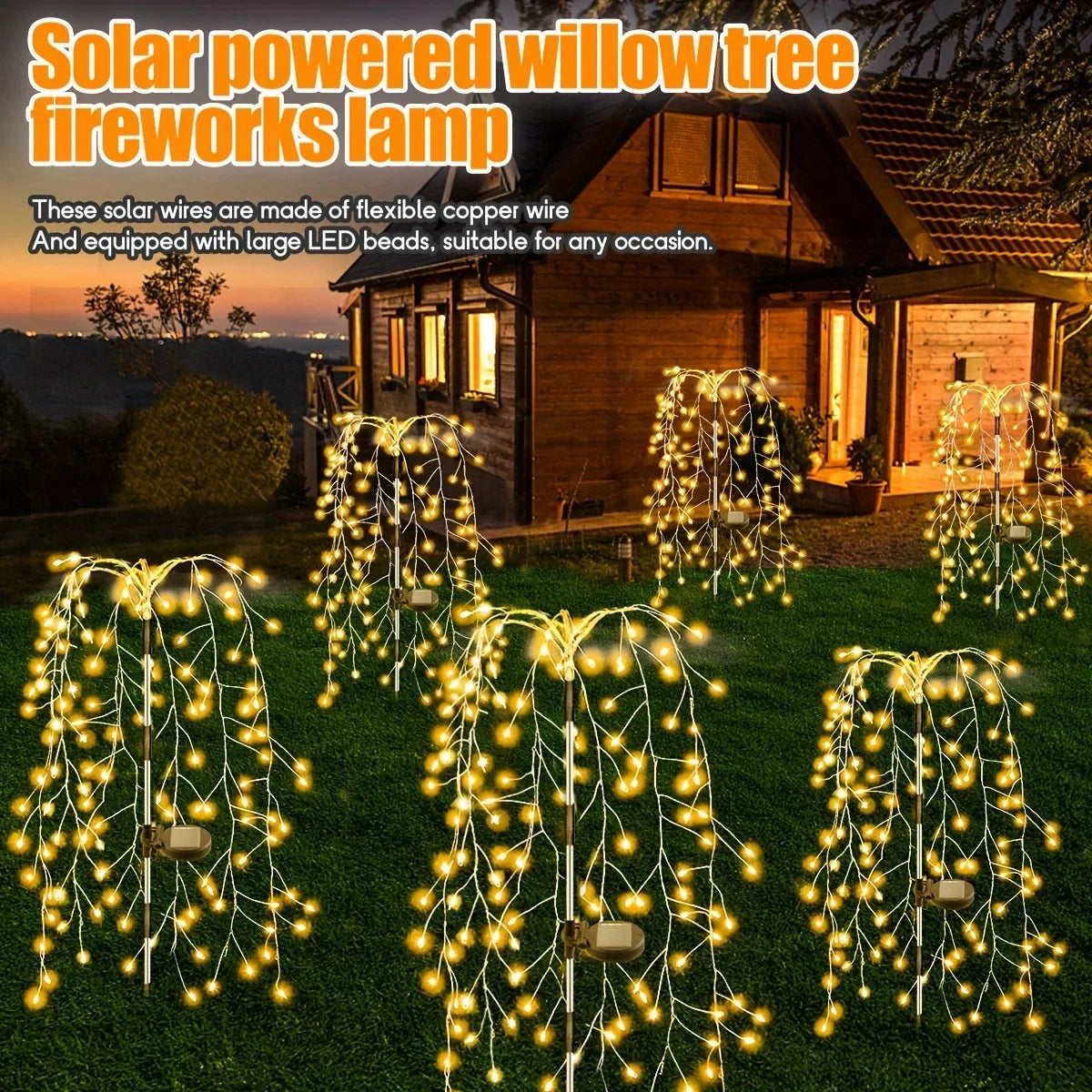 1pc 200LED Solar Firecracker Willow Fireworks Lights Outdoor, IP65, 8 Lighting Modes Smart Light,For Yard,Garden,Path Decoration