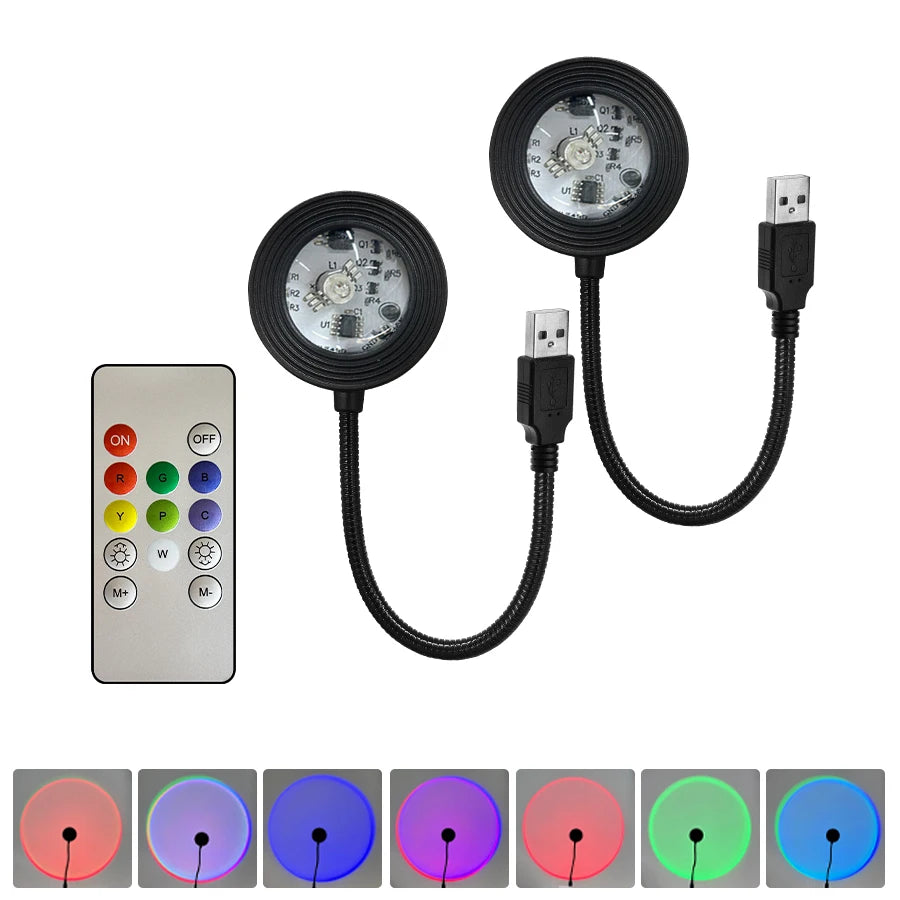 Sunset RGB Led Spotlight USB 5V Projection Lamp for Bedroom Ceiling Wall Party Lighting Holiday Selfie Ambient Light with Remote