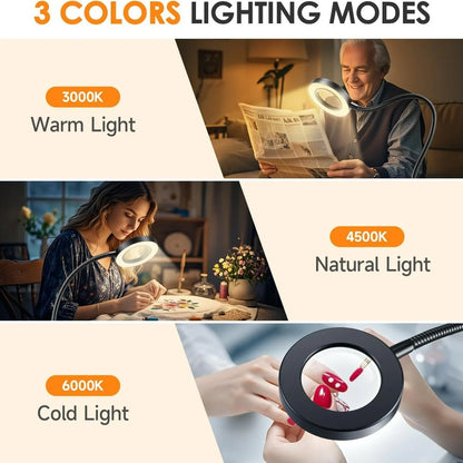 10X Magnifying Glass with 3 Color Modes LED Lighted Desk Lamp with Metal Clamp Flexible Gooseneck Magnifier for Reading Nail Art