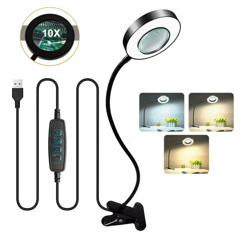 10X Magnifying Glass with 3 Color Modes LED Lighted Desk Lamp with Metal Clamp Flexible Gooseneck Magnifier for Reading Nail Art