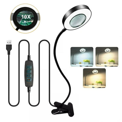 10X Magnifying Glass with 3 Color Modes LED Lighted Desk Lamp with Metal Clamp Flexible Gooseneck Magnifier for Reading Nail Art