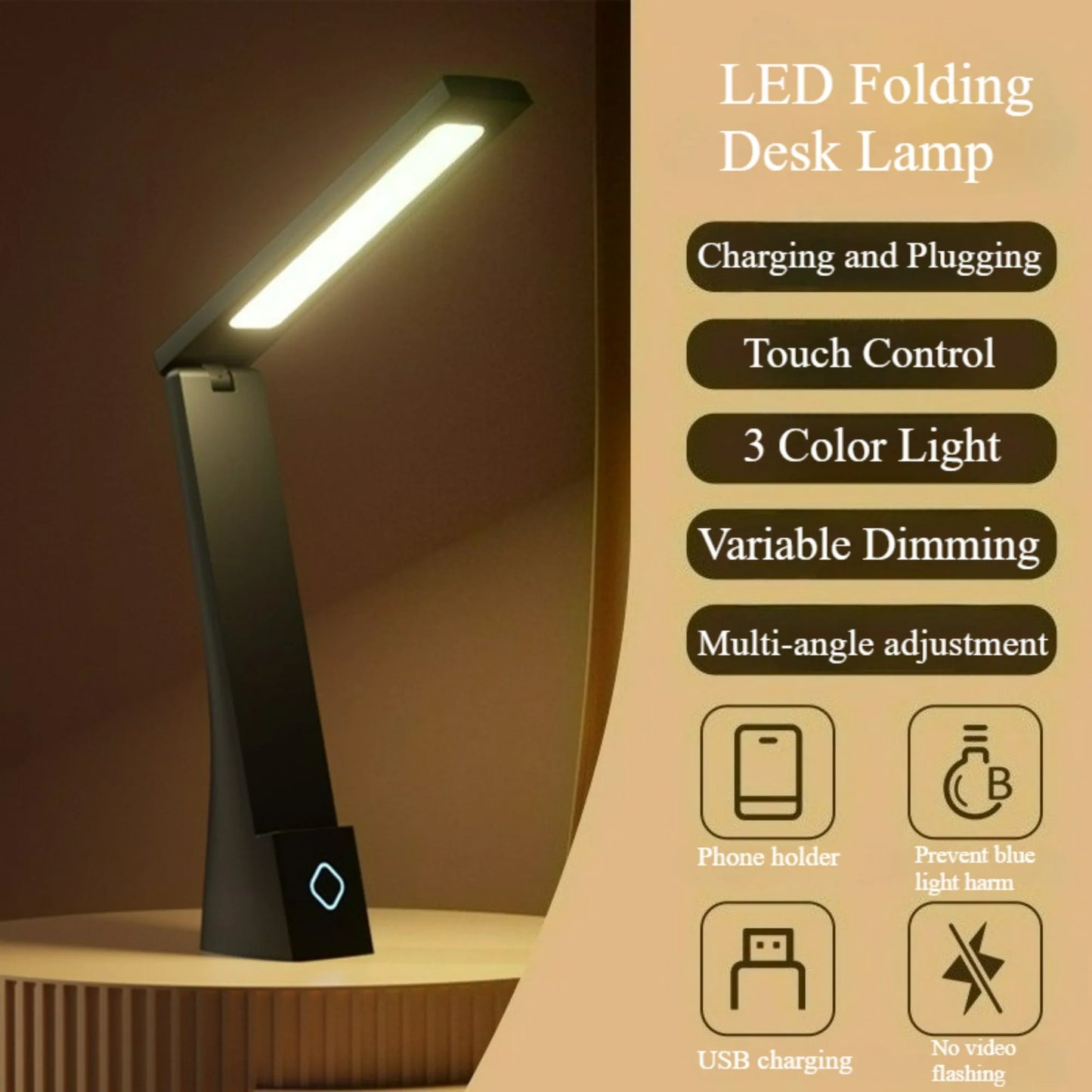 LED Folding Desk Lamp Touch 3 Color Dimming Charging and Pluging Eye Protection Learning Table Lamp Bedroom Bedside Night Light