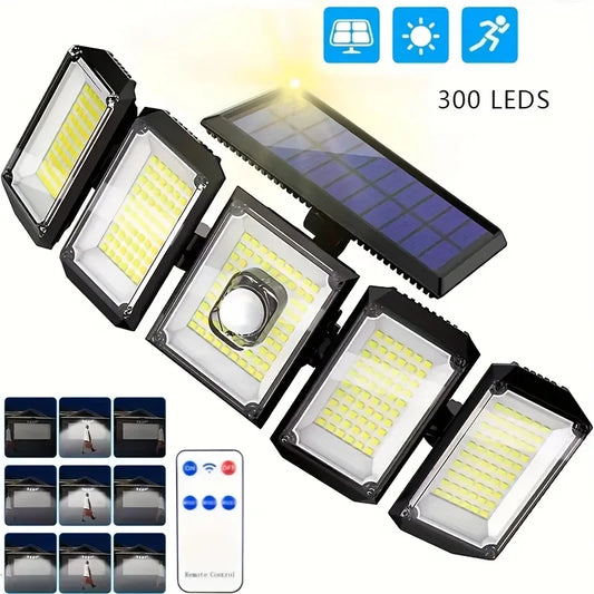 5 Heads Solar Outdoor Wall Lights & Remote, 300 LEDs Waterproof Motion Sensor Lamp Super Bright 3 Modes 2000mAh for Garden