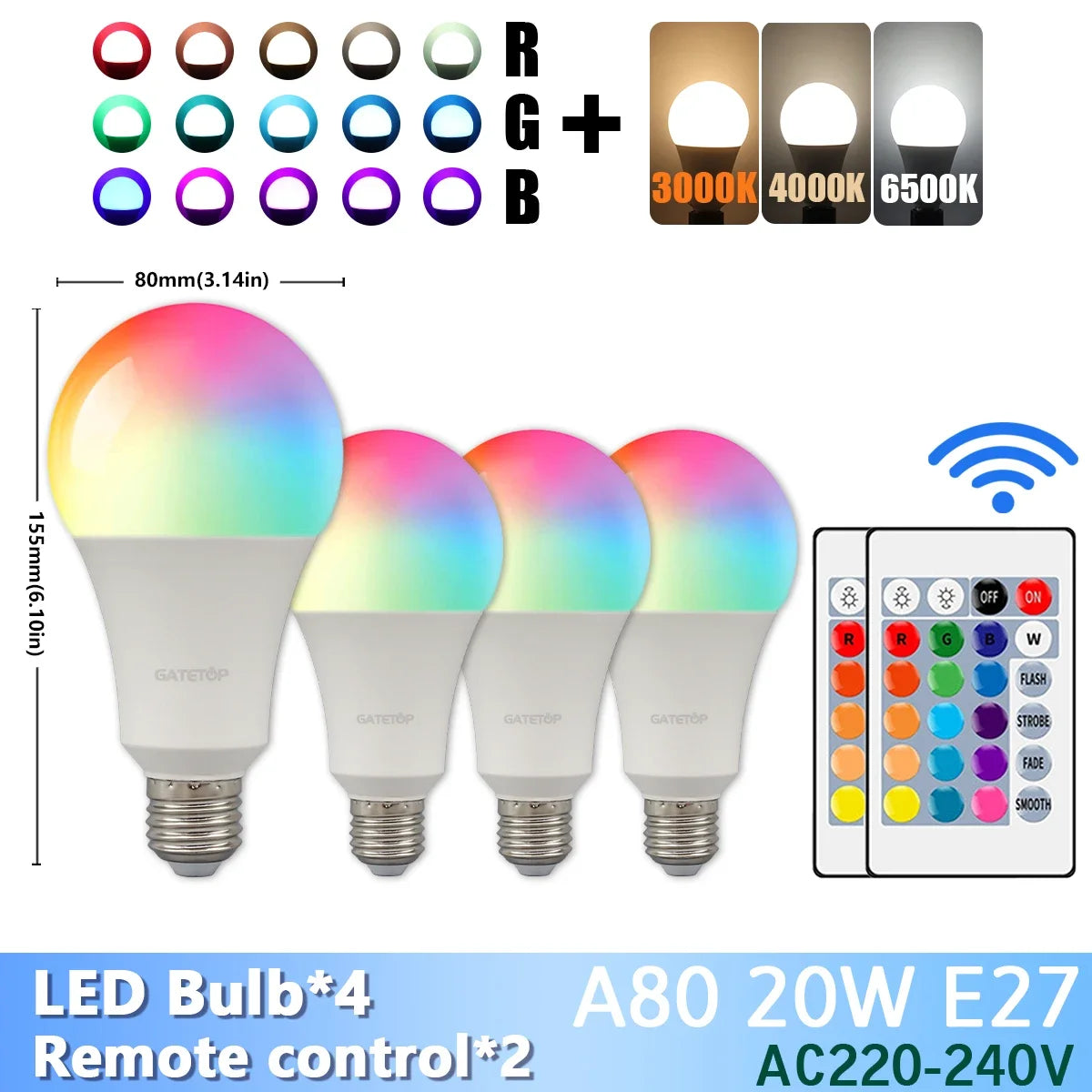 1-10PCS Super Bright 20W RGB LED Bulb Lamp 24 Key Remote Control Dimmable AC220V Colorful Change for Bedroom LivingRoom Home