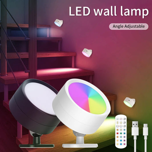RGB White Led Wall Lamp Rechargeable Wireless Wall Mounted Bedroom Night Light Remote Control 360° Rotation Magnetic Dimmable