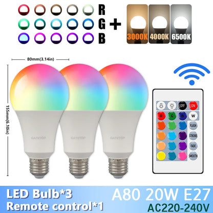1-10PCS Super Bright 20W RGB LED Bulb Lamp 24 Key Remote Control Dimmable AC220V Colorful Change for Bedroom LivingRoom Home