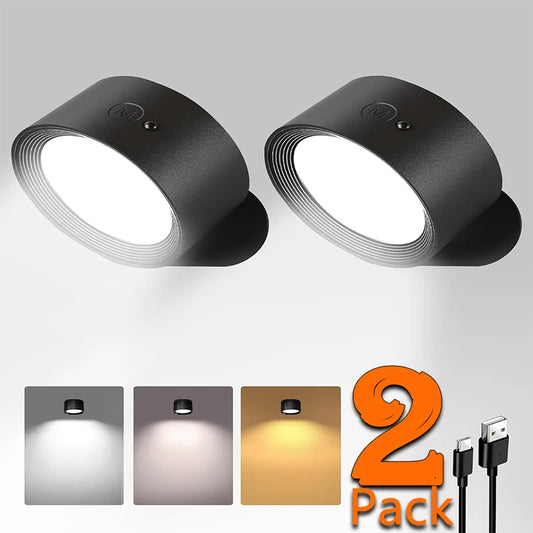 LED Wall Mounted Lights, Rechargeable Sconces Lamp, 3 Color Temps & Touch, 360°Rotation Dimmable Cordless Light