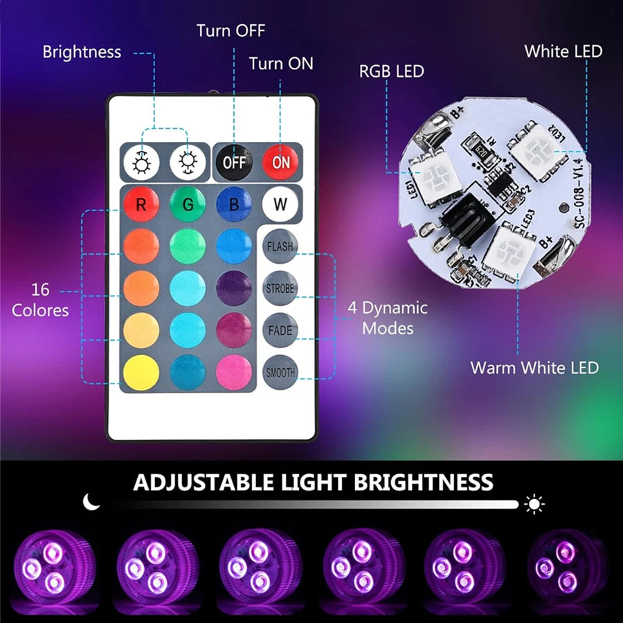 RGB Outdoor Led Underwater Submersible Lights with Battery Remote Control for Swimming Pool Fish Tank Party Pumpkin Garden Decor