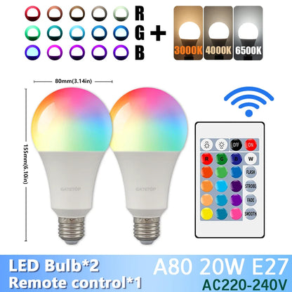1-10PCS Super Bright 20W RGB LED Bulb Lamp 24 Key Remote Control Dimmable AC220V Colorful Change for Bedroom LivingRoom Home