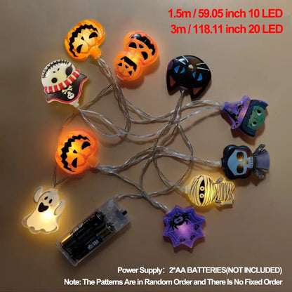 1PC Halloween 10/20 LED Battery Powered String Lights With Ghost Witch Cat Pumpkin Spider Web Skeleton Mummy Pirate Shape Indoor