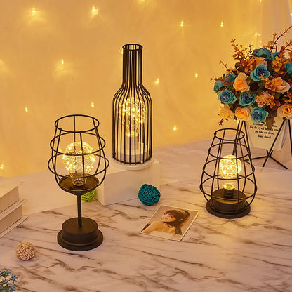 1PC Indoor Iron Wire Cage Design Night Light,Battery-Powered LED Lamp, Decorative Table Lighting for Bedroom, Living Room