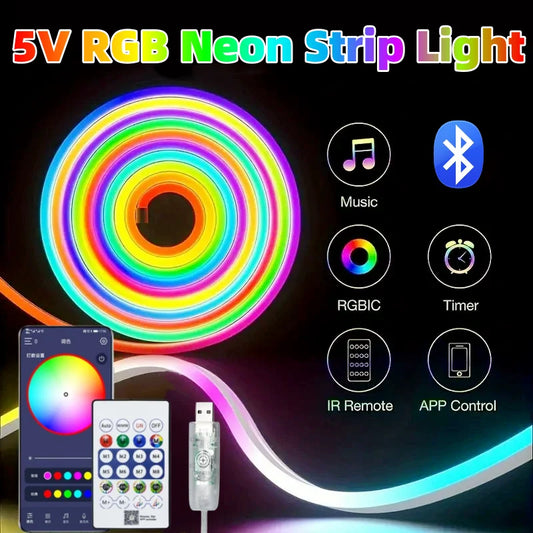 5V USB Neon LED Strip Lights RGBIC Gaming Ambient Lighting IP67 Waterproof Neon Lamp Tape With Bluetooth For Home Party Decor