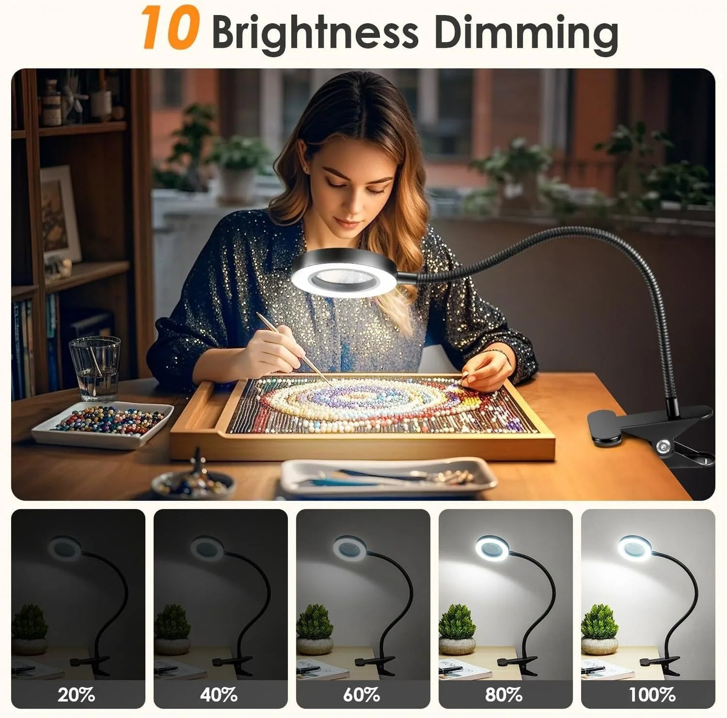 10X Magnifying Glass with 3 Color Modes LED Lighted Desk Lamp with Metal Clamp Flexible Gooseneck Magnifier for Reading Nail Art