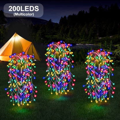 1pc 200LED Solar Firecracker Willow Fireworks Lights Outdoor, IP65, 8 Lighting Modes Smart Light,For Yard,Garden,Path Decoration