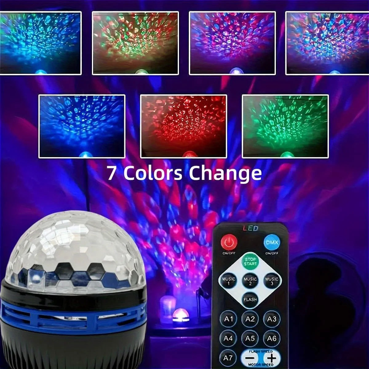 LED Starry Sky Galaxy Ocean Wave Projector Light Remote Control 7Modes Night Lamp USB Plug-in Auto Rotate for Room Ceiling Party