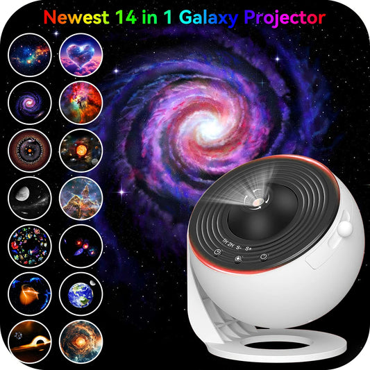 LED Night Lamp Galaxy Projector 14PC 4K HD Film Discs 360° Rotate Starry Sky Projector Lights Planetarium Bedroom Decor Kid Gift