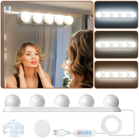 Vanity Mirror Light USB 5LED Makeup Mirror Light Bulbs Dimmable Bathroom Bedroom Dressing Table Lighting Sucker Installation