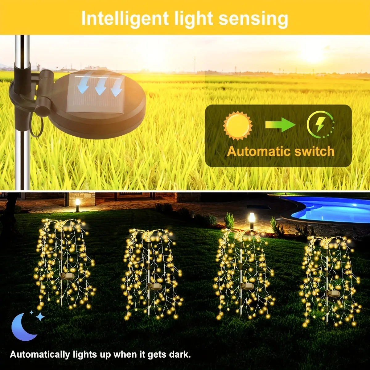 1pc 200LED Solar Firecracker Willow Fireworks Lights Outdoor, IP65, 8 Lighting Modes Smart Light,For Yard,Garden,Path Decoration