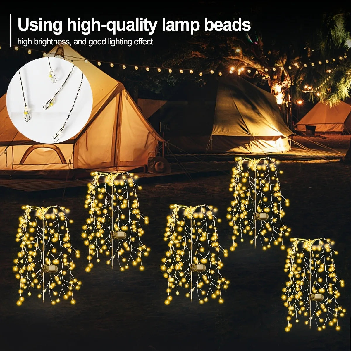 1pc 200LED Solar Firecracker Willow Fireworks Lights Outdoor, IP65, 8 Lighting Modes Smart Light,For Yard,Garden,Path Decoration