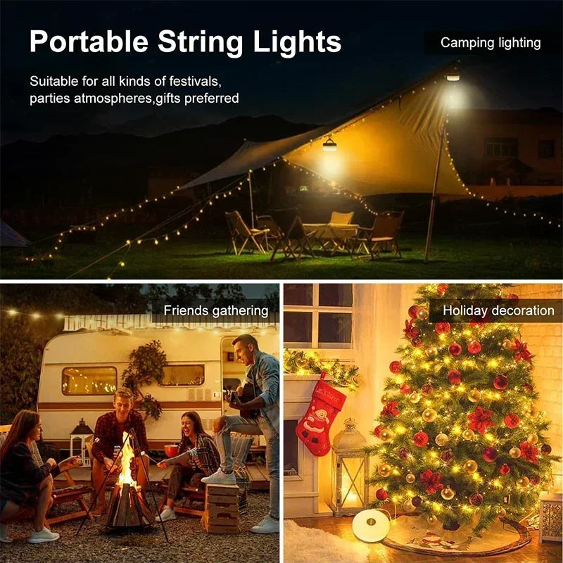 Camping String Lights Portable Rechargeable LED Fairy Light, USB for Hiking Travel Tent Yard Garden Decoration and Holiday Gift