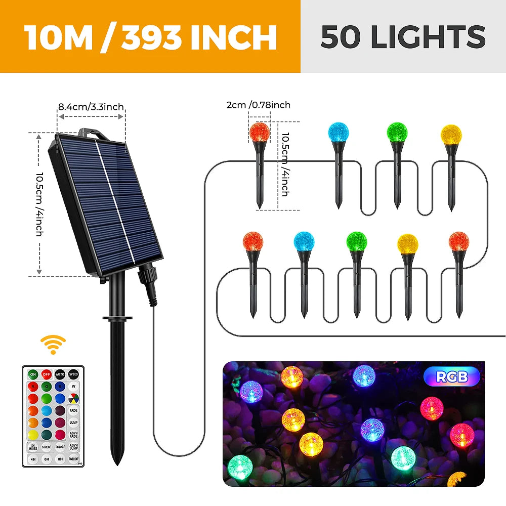 50 Led Solar Outdoor Fairy Lights with 8 Modes,  RGB Colorful Globe Waterproof Stake Lights, Mini Crystal Bubble String light