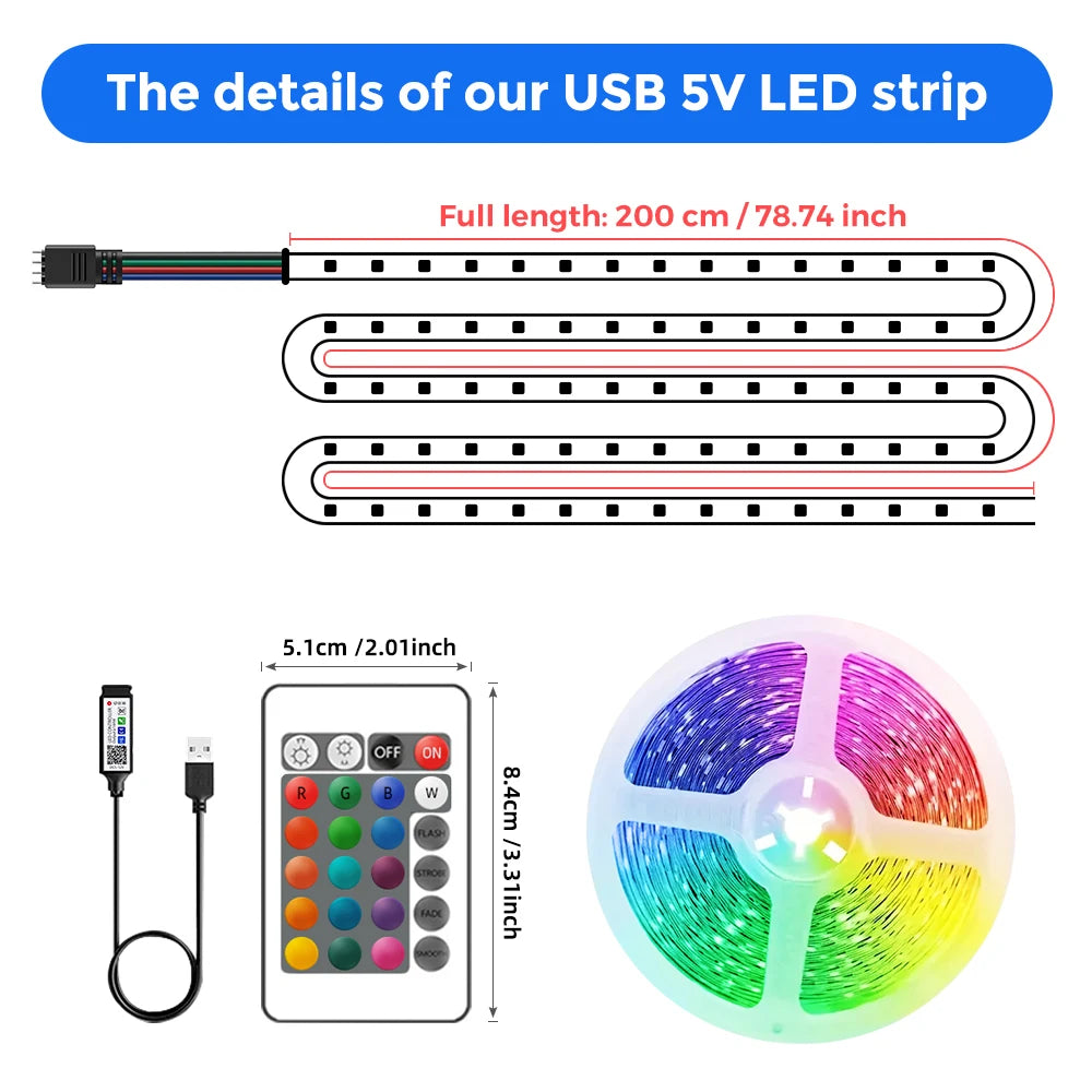 1M-30M LED Strip Light Music Sync 100ft, 5V USB Powered LED Light Strip with Remote RGB 3535 Color Changing LED Strip for Decro
