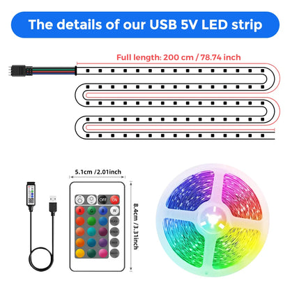 1M-30M LED Strip Light Music Sync 100ft, 5V USB Powered LED Light Strip with Remote RGB 3535 Color Changing LED Strip for Decro