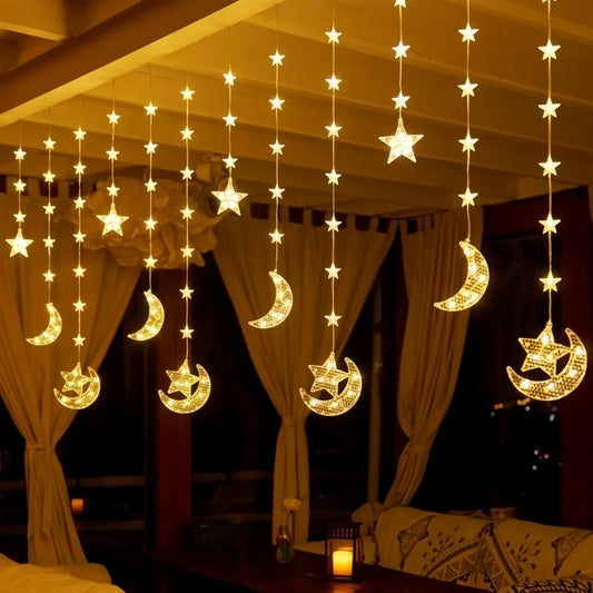 1PC 3.5M Ramadan Star & Moon Curtain String Lights, Waterproof Battery Box Powered, LED Hanging Fairy Lights for  Bedroom Party