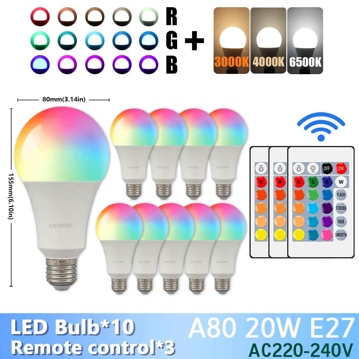 1-10PCS Super Bright 20W RGB LED Bulb Lamp 24 Key Remote Control Dimmable AC220V Colorful Change for Bedroom LivingRoom Home