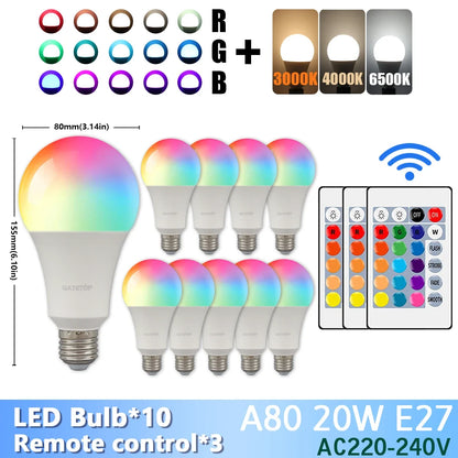 1-10PCS Super Bright 20W RGB LED Bulb Lamp 24 Key Remote Control Dimmable AC220V Colorful Change for Bedroom LivingRoom Home