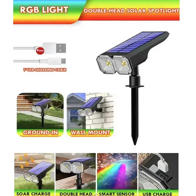 RGB Solar Spot Light 18 LED Outdoor Waterproof Color Changing Multicolor Pathway Patio Gate Fence USB/Solar Landscape Spotlight
