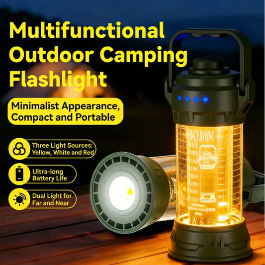 Multifunctional LED Camping Light 6 Lighting Modes Flashlight with Hook Type-C Rechargeable for Emergency Tent Yard Car Repair