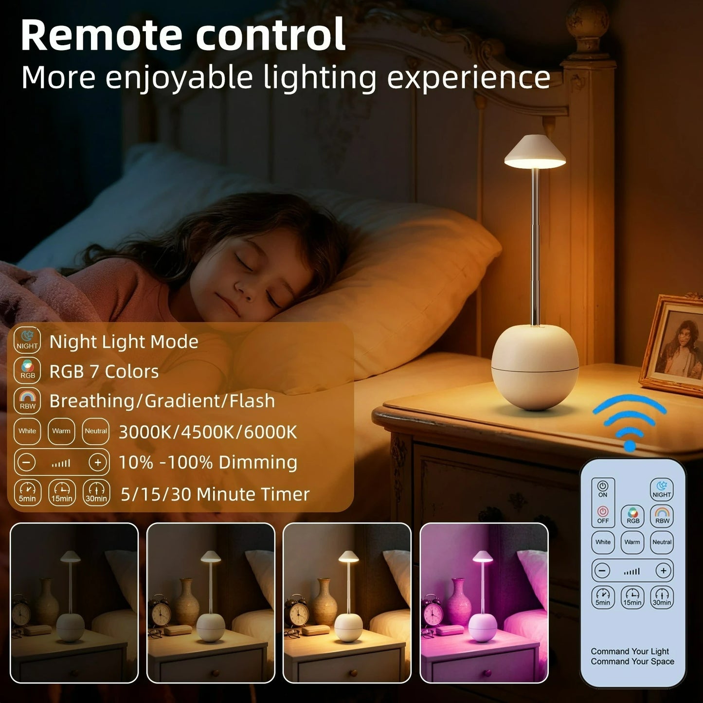 LED Touch Desk Lamp with Remote Control Adjustable Height Desk Light RGB Light Suitable for Living Room Bedroom Bedside Lamp