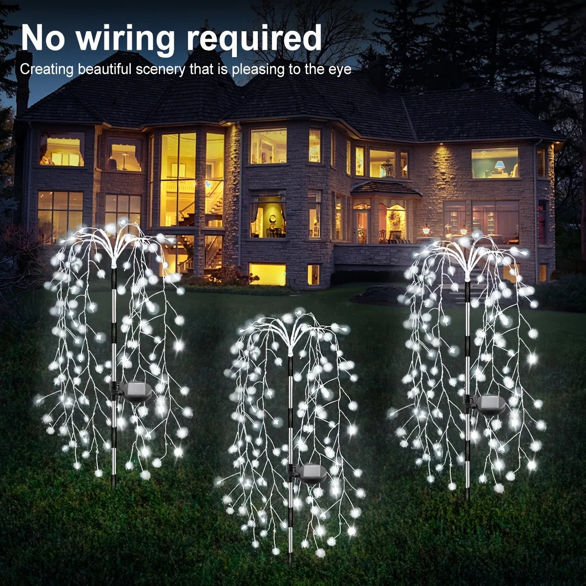 1pc 200LED Solar Firecracker Willow Fireworks Lights Outdoor, IP65, 8 Lighting Modes Smart Light,For Yard,Garden,Path Decoration