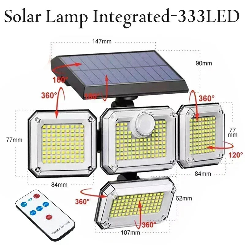 5 Heads Solar 300 LED Light Outdoor Motion Sensor Waterproof Wide-angle Illumination Wall Lamp Garden Courtyard Street Lights