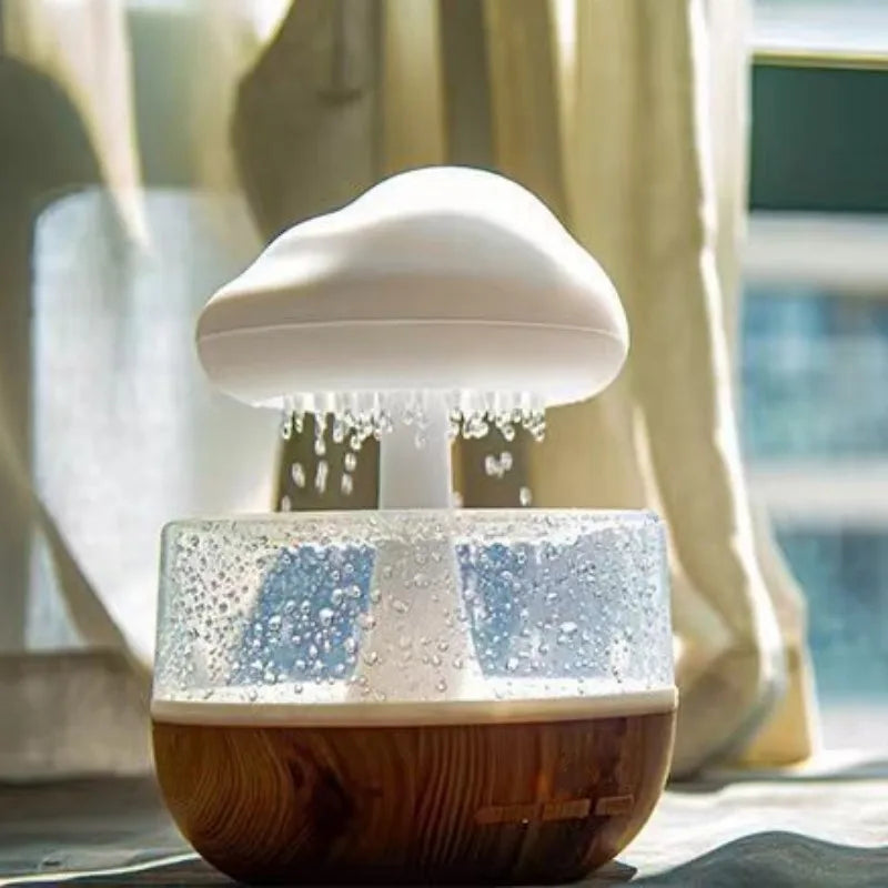Mushroom Cloud Rain Lamp Changing LED Tabletop Fountain with Water Drip Sounds USB Rechargeable Desk Decor for Home Office