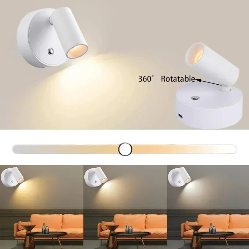 Magnetic Base USB Rechargeable LED Cordless Wall Light with Touch Switch Black White Magnet Dimmable Bedside Lamp for Reading