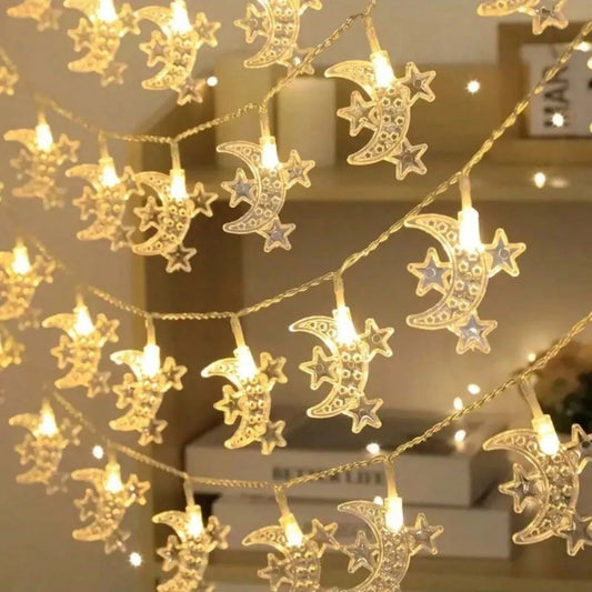 1PC 1.5M/3M LED Moon with Stars String Lights,Powered by AA Batteries(excl),Used for Room,Party and Ramadan Decoration